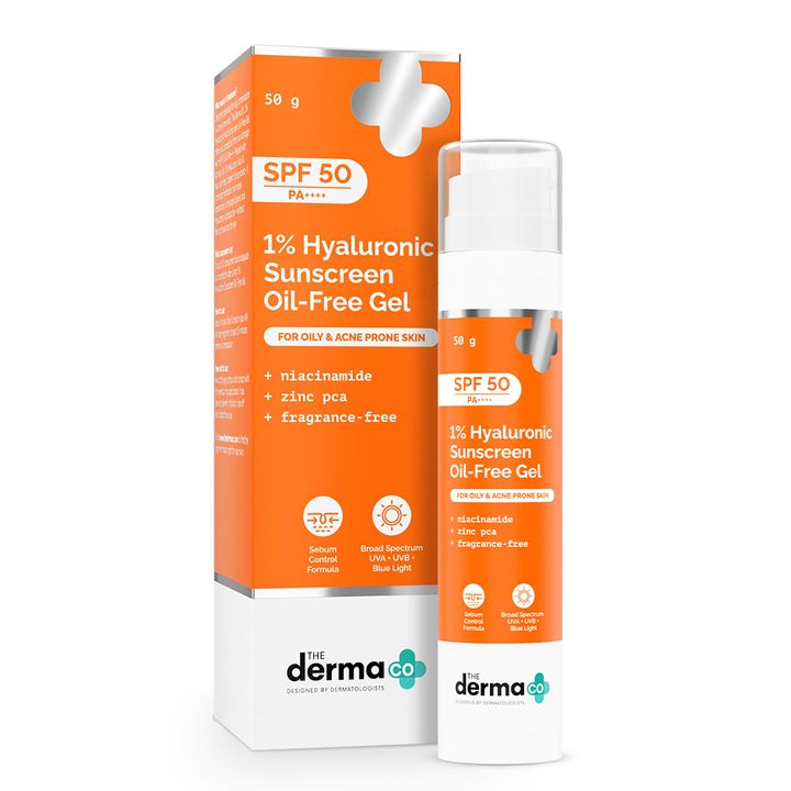 the derma co non comedogenic sunscreen, oil free gel with 1% hyaluronic